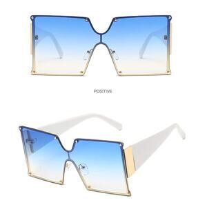 OVERSIZED Square Blue Tinted Lens Fashion Sunglasses with Gold Detailing NEW